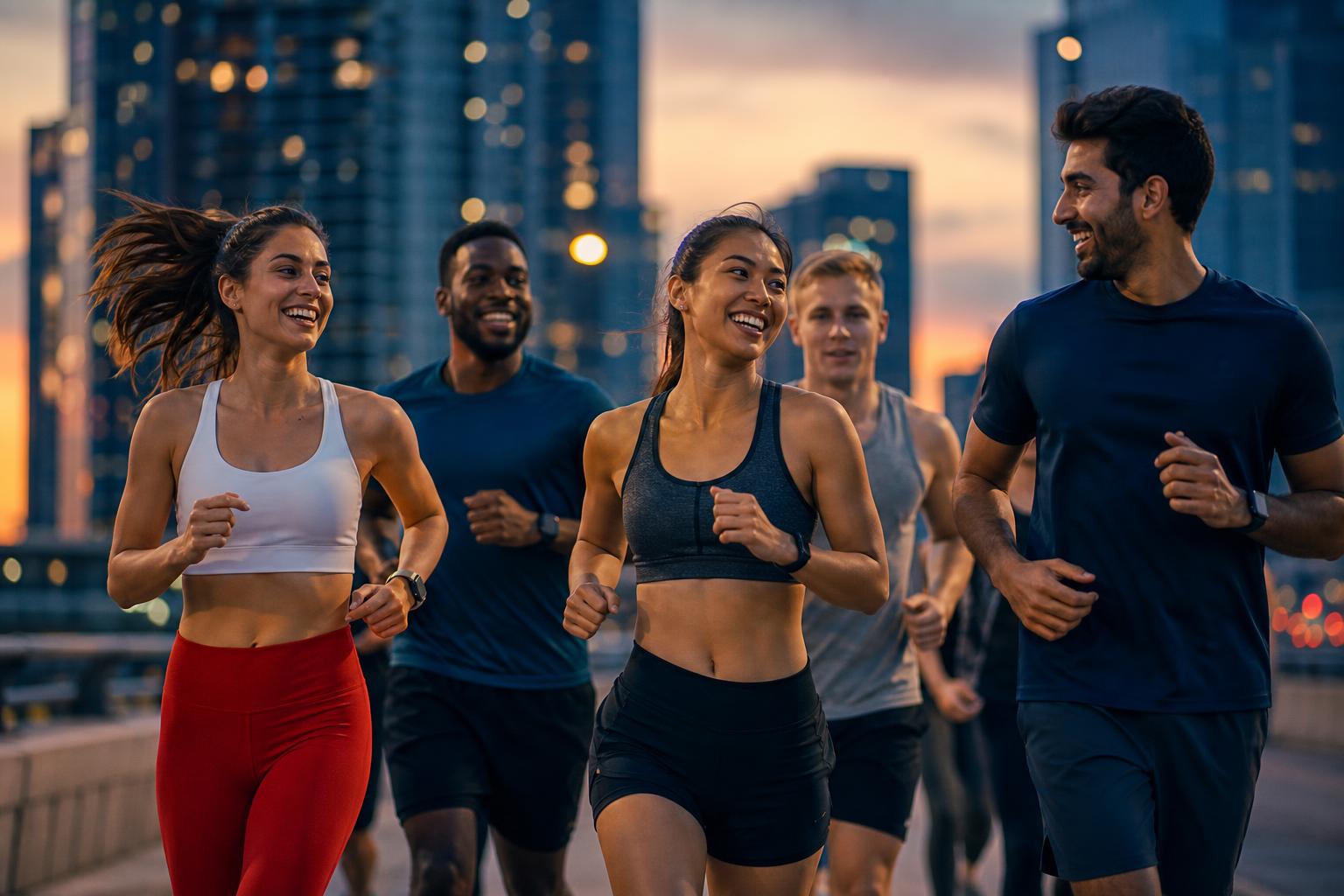 Diverse group of runners moving through a dynamic urban environment at dusk